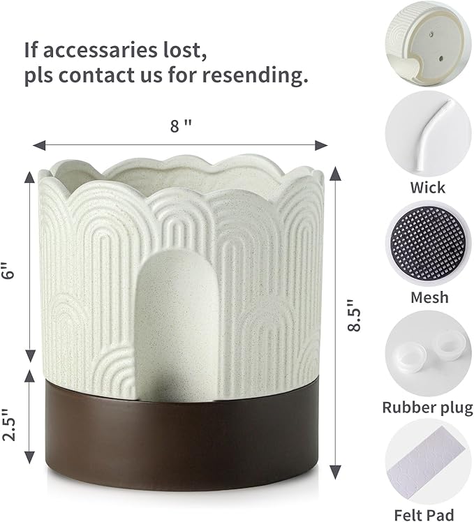 Nihow Self Watering Plant Pot: 8 Inch Ceramic Planter with Drainage Hole & Water Storage Plus - Relief Design Self Watering Pot for Indoor Plants - Beige & Brown Flower Pot