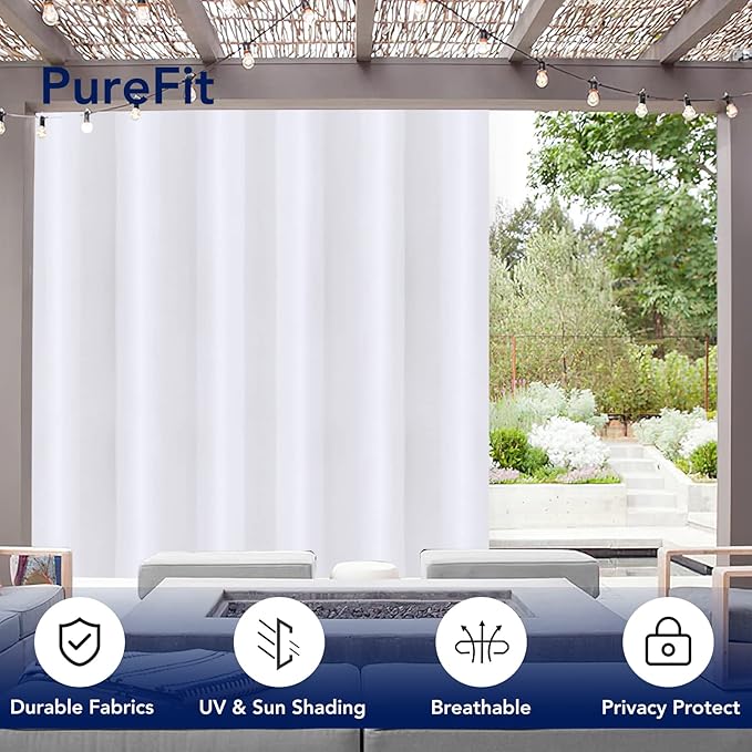 PureFit Outdoor Curtains for Patio Waterproof Weatherproof, UV Resistant Outside Curtains for Gazebo, Front Porch, Pergola, Sun Blocking Privacy Curtain, 100W x 108L inch, 1 Panel, White