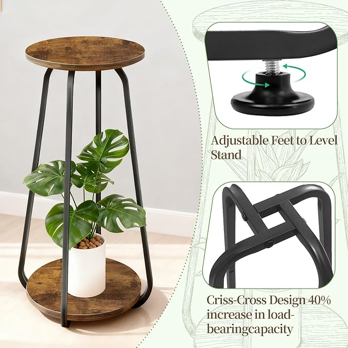 Plant Stand Indoor, 2 Tier Plant Shelf Pedestal Stand Flower Stand, Metal Wood Plant Stands for Indoor Plants Living Room Balcony Deck Garden