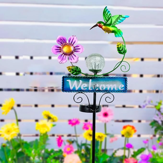 Outdoor Solar Garden Lights with Welcome Sign, Hummingbird Ornament Metal Stake Lights for Lawn, Patio, Cracked Glass Balls (Hummingbird)