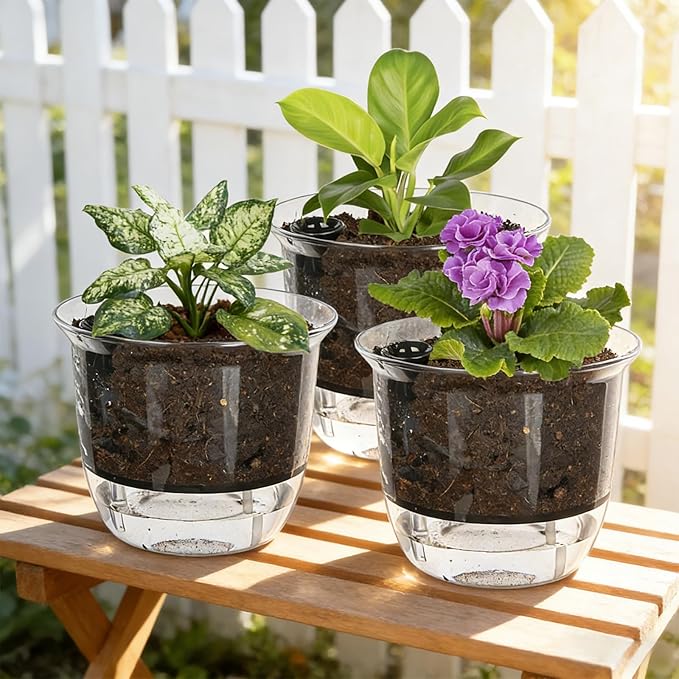 Self Watering Pots, 3 Pack 6.5/5/4 Inch Clear Plant Pot Self Watering Planter Flowers Pot with Deep Reservoir for Indoor Plants (3 Medium)