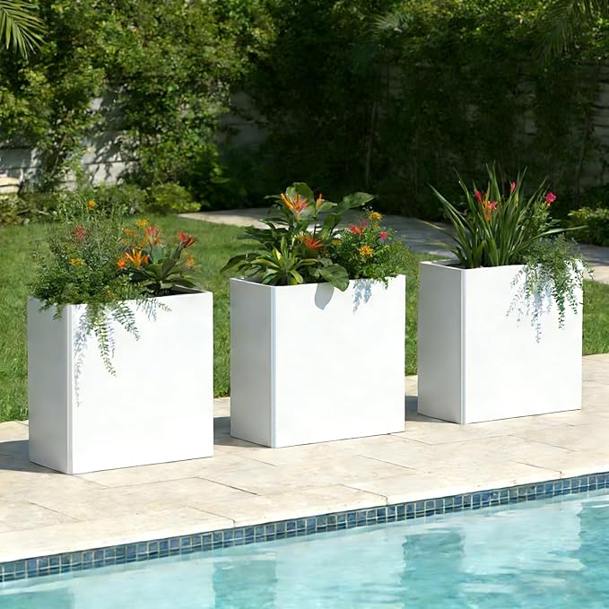 Tall Planters -24X12X24 inch Galvanized Steel Planter Box with Removable Insert Shelf for Garden, Patio(White)