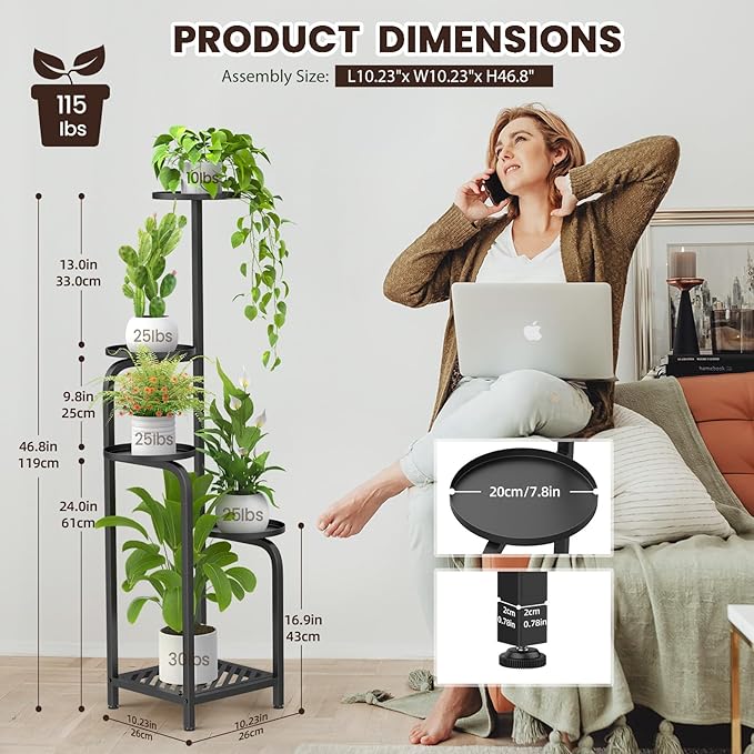 TOSKING 5 Tier Tall Plant Stand Indoor Outdoor, Heavy Duty Corner Shelf for Plants & Decor, Space Saving 3.9FT Metal Flower Pot Stand for Balcony, Garden, Living Room, Patio (Black, 47in)