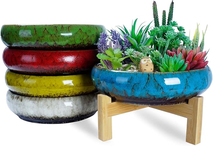 ARTKETTY Succulent Pots - 10 Inch Large Ceramic Bonsai Pots with Drainage Stand for Indoor Plants Shallow Planters Decorative Cactus Flower Plant Container Bowl