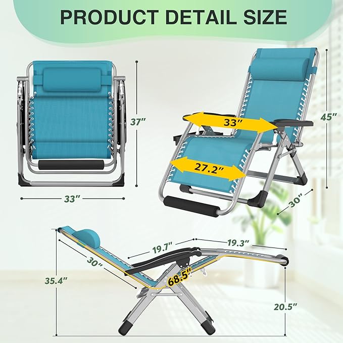Suteck Oversized Zero Gravity Chair,33In XXL Outdoor Recliner Chair w/Removable Cushion&Headrest, Camping Lounge Chair w/Upgraded Lock&Footrest, Reclining Patio Chairs for Indoor Outdoor,500LBS