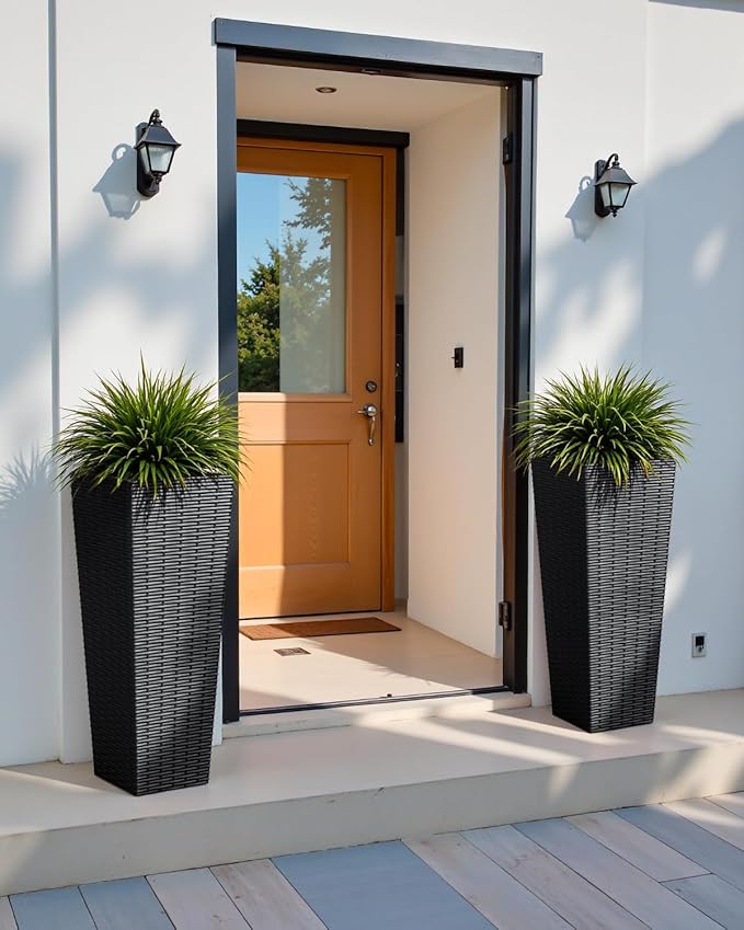 Greesum 32 Inch Tall Plastic Planters(Set of 2), Detachable Inner Pot & Drainage Holes, Outdoor Decorative Flower Pots for Large Plants, Trees, Patio, and Garden, Black