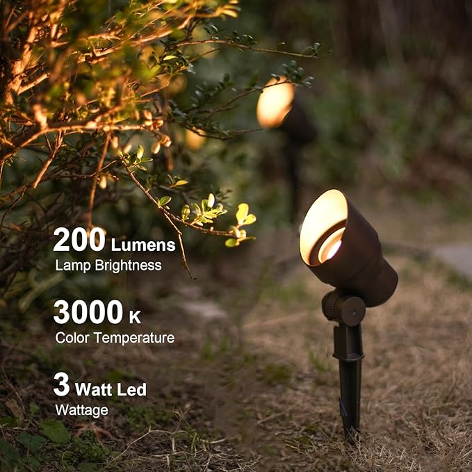 GOODSMANN Low Voltage Landscape Flood Light 3W LED 200 Lumen Outdoor Spotlight 3000K Warm White Replaceable LED Outside Hardwired Lighting with Metal Stake Cable Connector Replaceable