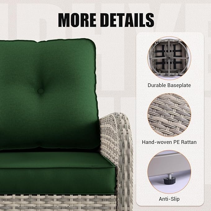 16-Piece Outdoor Patio Furniture Set with Rocking Swivel Chair, PE Wicker Rattan Sectional Sofa Patio Conversation Set with 55,000 BTU Fire Pit Table & Coffee Table, Green