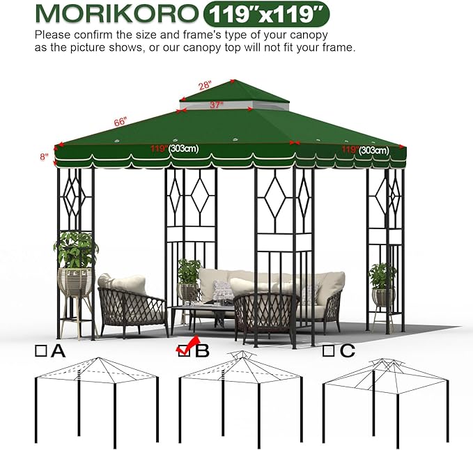 10x10 Canopy Replacement Top Double Tiered Gazebo Cover for Yard, Patio & Garden Durable Sunshade Replacement (Green with lace)