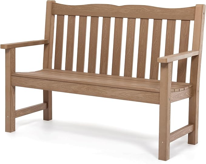 Stoog All-Weather Outdoor Bench, 2-Person Poly Lumber Garden Bench with 800lb Capacity, Never Fade & Rust-Proof, for Backyard, Patio, Deck, and Porch, Teak