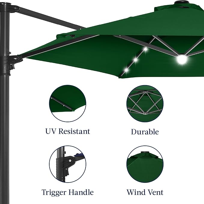 Best Choice Products 10ft Solar LED Offset Cantilever Hanging Market Patio Umbrella, Smooth 360° Rotation, 8 Sturdy Ribs, Easy Adjustment - Green
