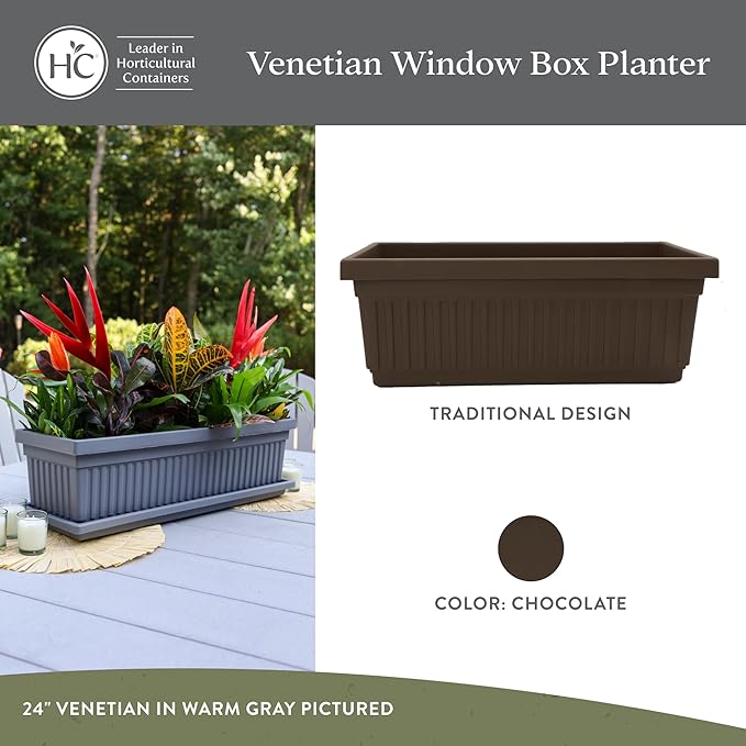 The HC Companies 18 Inch Venetian Window Planter Box with Drainage Plug, Lightweight UV-Resistant Plastic Indoor & Outdoor Planters, 2-Pack Flower Box for Garden & Home Decor, Chocolate