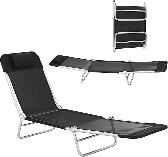 Outsunny Folding Chaise Lounge Chair, Pool Sun Tanning Chair, Outdoor Lounge Chair with Reclining Back, Breathable Mesh Seat, Headrest for Beach, Yard, Patio, Black