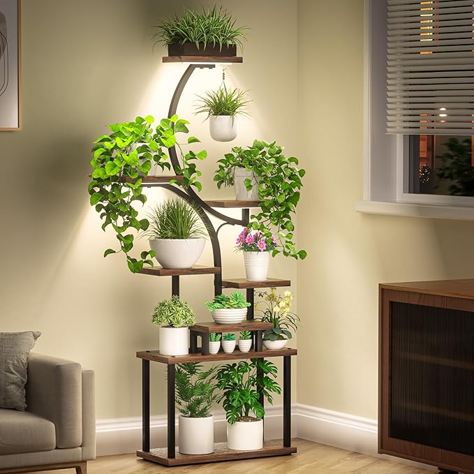 Plant Stand Indoor with Grow Light, 8 Tiered 66" Tall Plant Shelf, Corner Large Plant Stand for Indoor Plants Multiple, Metal S-Shaped Plant Flower Holder, for Living Room, Patio, Balcony