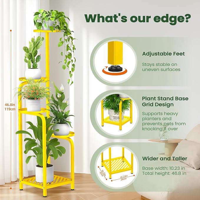 TOSKING 5 Tier Tall Plant Stand Indoor Outdoor, Heavy Duty Corner Shelf for Plants & Decor, Space Saving 3.9FT Metal Flower Pot Stand for Balcony, Garden, Living Room, Patio( Yellow, 5Tier SQ Base)