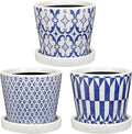 Small Ceramic Pots for Plants, 4.7 inch Blue and White Plant Pot Indoor with Drainage & Saucer Set of 3 Ceramic Planters for Indoor Plants Succulent Pot Decorative Flower Pots for Cactus, Orchid, Herb