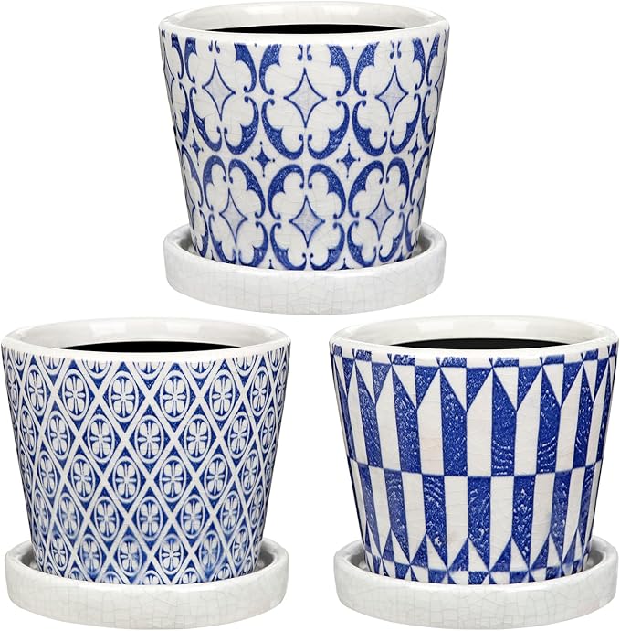Small Ceramic Pots for Plants, 4.7 inch Blue and White Plant Pot Indoor with Drainage & Saucer Set of 3 Ceramic Planters for Indoor Plants Succulent Pot Decorative Flower Pots for Cactus, Orchid, Herb