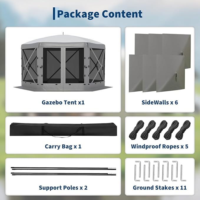 13x13FT 6-Sided Pop Up Gazebo Tent，One-Push Setup Canopy Tent with Removable Canopy Top & Wind Cloths, Outdoor shelter for Camping, Backyard Parties, Outdoor Events - Grey