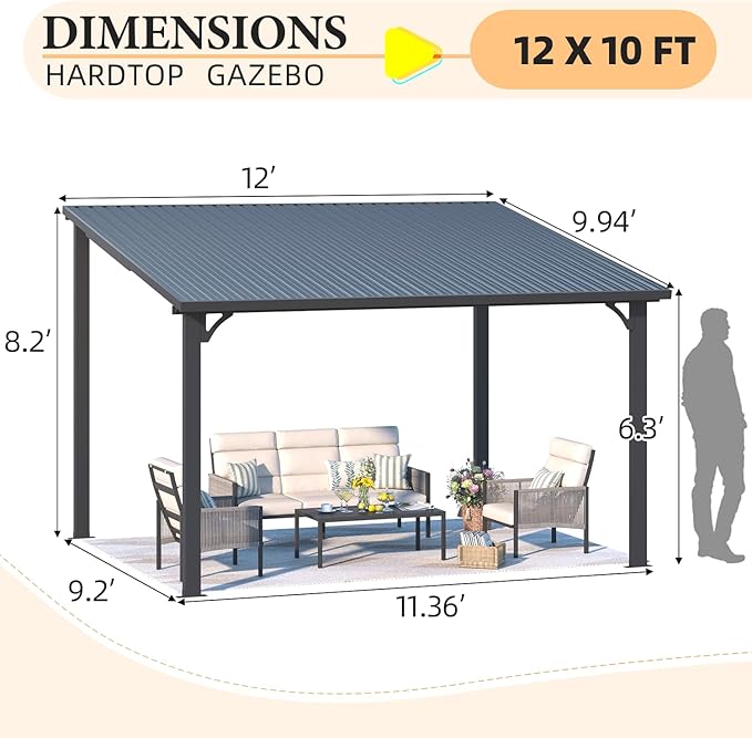 AECOJOY 12' x 10' Outdoor Hardtop Pergola Gazebo for Patio, Large 10x12 Galvanized Steel Heavy Duty Lean to Gazebo, Wall-Mounted Pergolas and Gazebos Clearance, Metal Patio Roof Awnings for Backyard