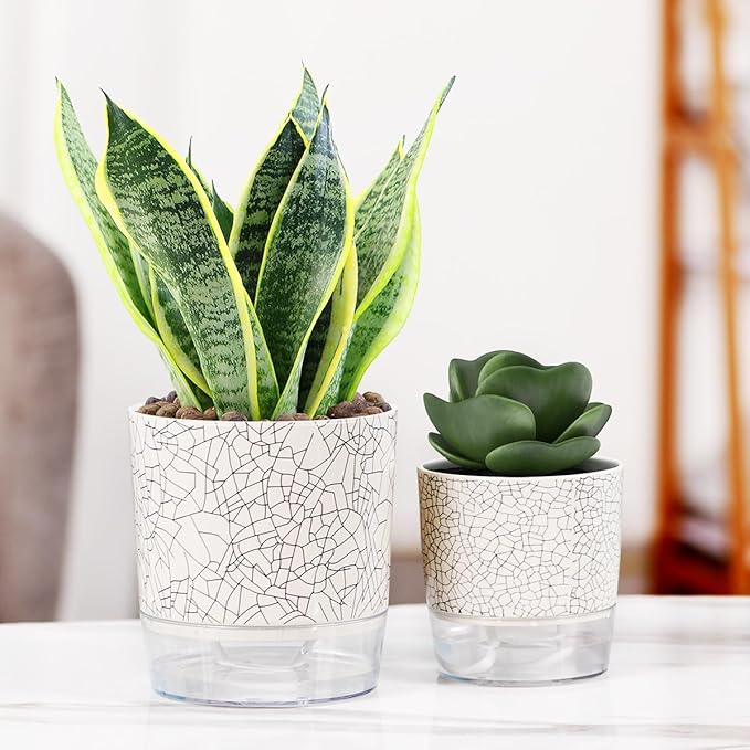 Self Watering Pots for Indoor Plants, Flower Pots, Self Watering Plant Pot-2pcs 4+5.3inch Crack Texture
