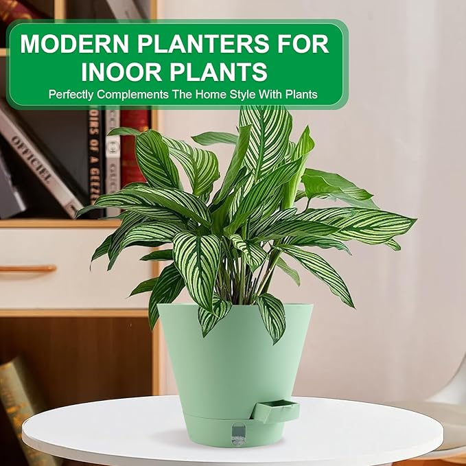 Self-Watering-Pots-for-Indoor-Plants, 8 Inch Flower Pots for Indoor Plants, 3 Packs Plastic Planters with Drainage Holes and Saucers