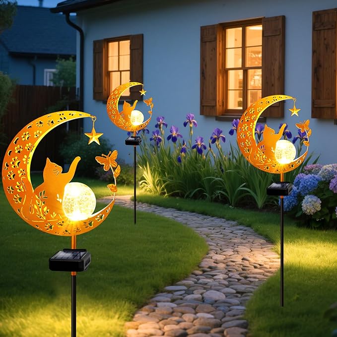 YJFWAL Garden Solar Cat Lights Pathway Stake Lights Glass Globe with Moon Cat Decor, Christmas Gift for Mom Grandma Friends, Outdoor Decor Light Waterproof for Walkway, Patio or Garden (Warm White)