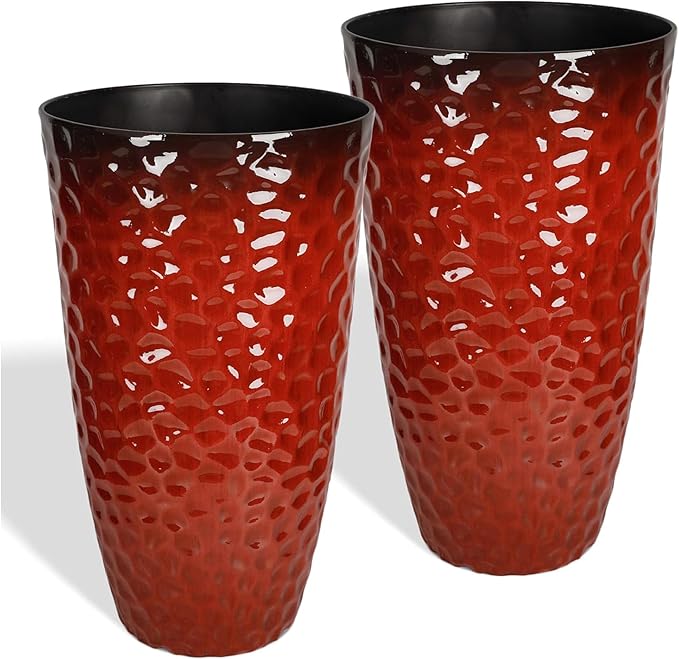 Worth 2 Pack 24" Tall Large Plastic Planter with Drainage Hole, Round Decorative Flower Plant Pit for Indoor or Outdoor Gardening, Glossy Red