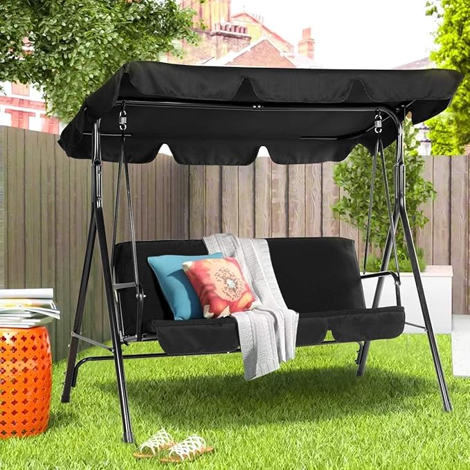 AECOJOY Porch Swing with Stand, Outdoor Swings for Adults, 3-Seat Outdoor Swing with Canopy, Outside Swing Bench with Removable Cushion, Suitable for Backyard, Garden, Yard, Poolside, Balcony (Black)