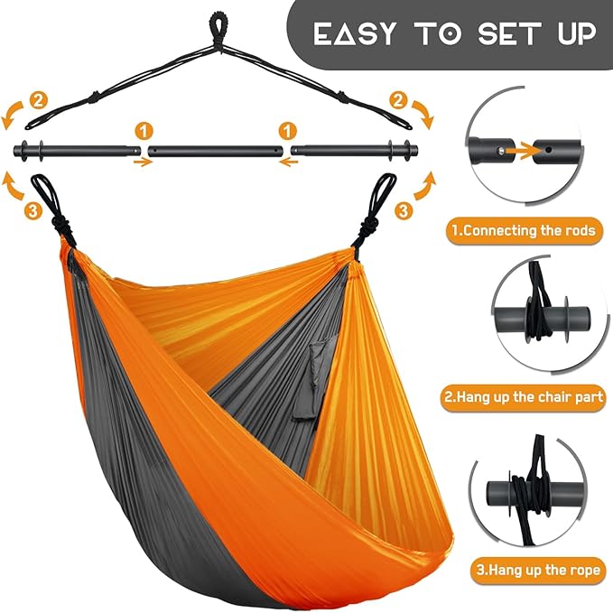 Hammock Chair, Portable Large Hanging Rope Swing, Lightweight Nylon Parachute, Max 500 Lbs, Detachable Metal Support Bar Hammock Chair Swing for Outdoor, Indoor, Bedroom (Orange, Dark Gray)