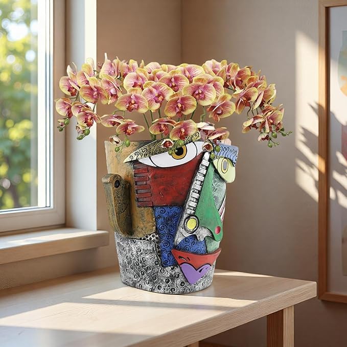 Picasso Abstract Face Flower Pot,Unique Resin Crafted Planter with Drainage Holes,Interesting Colorful Planter with Human face,for Indoor and Outdoor Botanical Home décor (Frown)