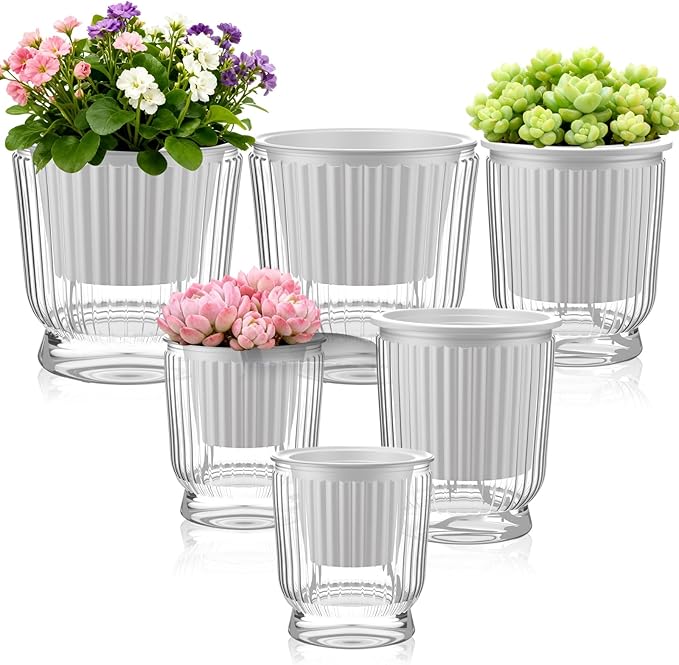 Set of 6 Self Watering Plant Pot 3 Sizes Plastic Double Layer Self Watering Flower Pot with Multi Mesh Drainage Holes Wicking Reservoir for Indoor Outdoor Garden Plants(White)