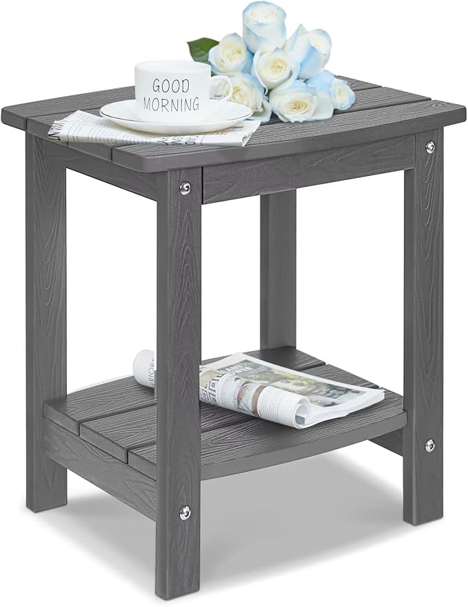 Y&M Outdoor Side Table, HIPS Adirondack Small Double Layer Table, Waterproof Square Balcony Modern End Tables for Patio, Pool, Beach, Porch, Deck, Indoor or Outdoor Use, Dark Gray