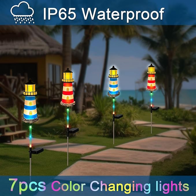 4 Pack Lighthouse Solar Lights,7 Light Color Changes,IP65 Waterproof Solar Pathway Lights for Garden,Lawn,Outdoor Lighthouse Decor