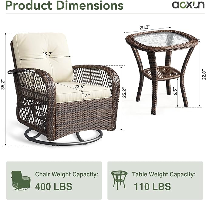 Aoxun 3 Pieces Patio Furniture Set, Patio Swivel Rocker Chairs Set of 2, Wicker Outdoor Bistro Set with Rocking Chair, Thickened Cushions and Table for Porch (Beige)