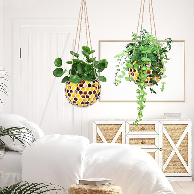 Hanging Planter Mosaic Garden Pot Small Flower Pot for Indoor Plant Disco Ball Hanging Planter with Drainage Yellow Bee