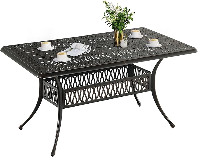 DWVO Cast Aluminum Outdoor Dining Table, 59'' Patio Table w/Max Bearing 220 LBS, Patio Dining Table with 2" Umbrella Hole and Adjustable Foot Pads for Garden, Backyard, Deck and Patio, Bronze