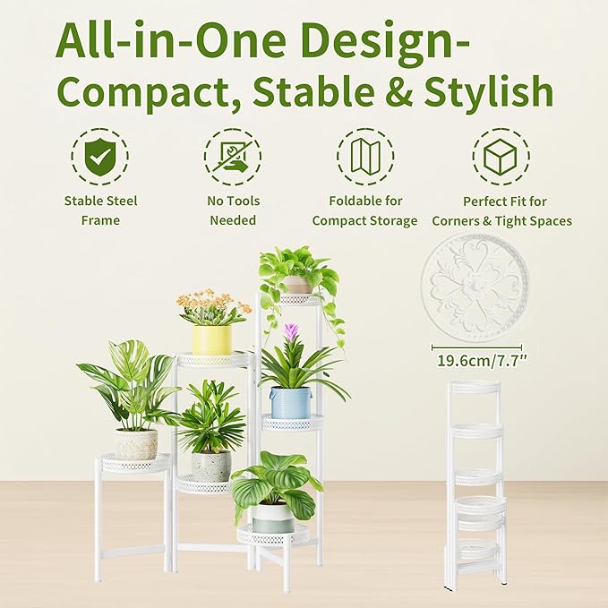 6 Tier Metal Plant Stand, 6 Potted Multiple Flower Pot Holder Shelf, Indoor&Outdoor Folding Planter Display Shelves for Patio Garden, Living Room, Corner Balcony, Bedroom - WhiteWave