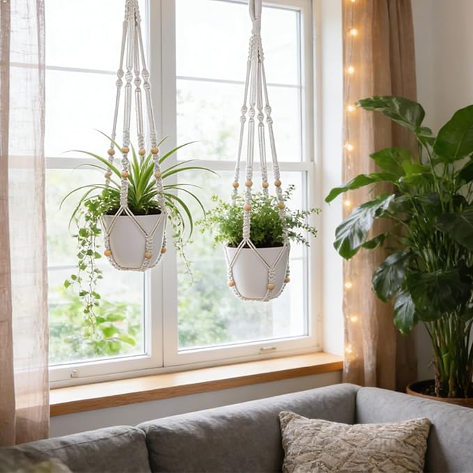YIBOT Macrame Plant Hanger Indoor Outdoor, Up to 4-15 inch Pot, Heavy 20lb Planters, Extra Long Strong Hanging Planter Basket, Boho Home Decor, 35 Inch, Ivory, Set of 2 (POTS NOT Included)