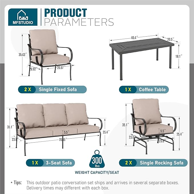 MFSTUDIO 7 Seats Large Metal Patio Conversation Sets, 6 Pieces Outdoor Furniture Sofa with 2 Motion Chairs, 2 Fixed Chairs, 1 Sofa(3-seat) and Table for Outside Balcony Backyard Poolside