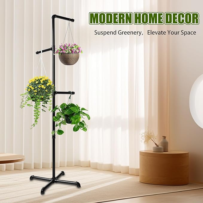 Hanging Plant Stand, Plant Hanger Indoor, Corner Hanging Plant Stand, Black Metal Holder for Bedroom, Living Room, Garden, Balcony