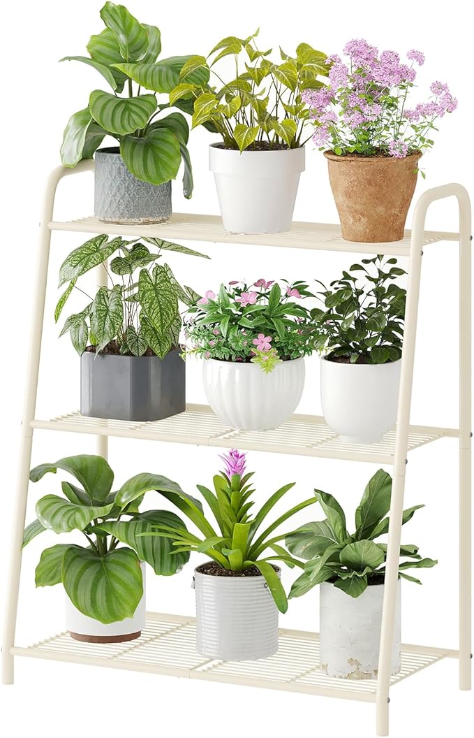 3-Tier Corner Plant Stand, Metal Black Flower Pot Rack, Indoor Outdoor Heavy Duty Shelf (Cream, 3 Tier)