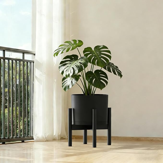 10 Inch Round Plastic Plant Pot with Drainage Holes and Saucer, Wide Flower Pots for Indoor & Outdoor Plants– 7.9" Tall Modern Cylinder Planter Pot for House Plants and Home Decorative, Matte Black
