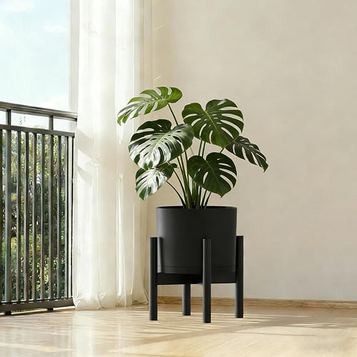 10 Inch Round Plastic Plant Pot with Drainage Holes and Saucer, Wide Flower Pots for Indoor & Outdoor Plants– 7.9" Tall Modern Cylinder Planter Pot for House Plants and Home Decorative, Matte Black