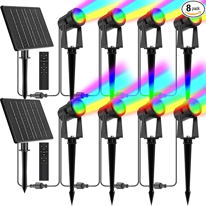 ZYAN Solar Color Changing RGB Spotlights with Remote, 12000mAh Separate Monocrystalline Panels & USB-C Powered, Auto On Off, Outdoor IP65 Waterproof for Patio Yard Path (100 Lumens × 8 Pack)