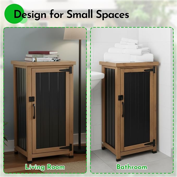 Small Outdoor Storage Cabinet Weatherproof, Wood Garden Potting Bench Table with Removable Shelves, Metal Top, Outdoor Cabinet Work Station for Patio, Backyard, Brown,17.9''x17.9''x33.5''