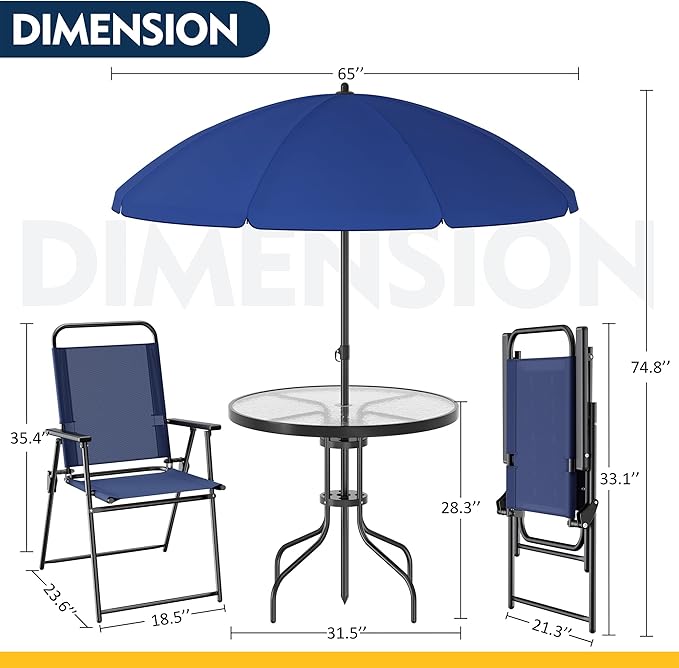 Shintenchi 6 Piece Patio Dining Set with Umbrella, Outdoor Furniture Set with 4 Folding Chairs and Tempered Glass Top Dining Table fot Lawn Backyard Garden Porch Blue