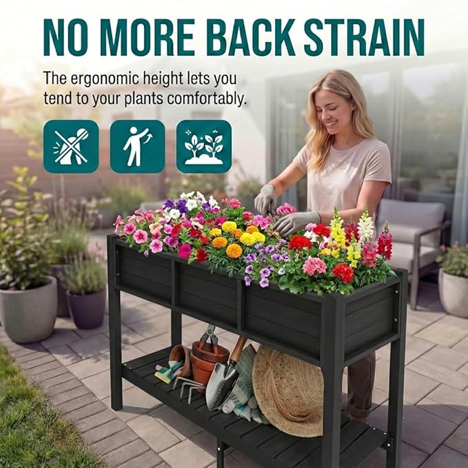 YITAHOME 48x18x30in Raised Garden Bed HDPE, Weather-Resistant Poly Lumber Planter Box with Legs & Storage Shelf, Elevated Garden Bed for Yard, Garden, Balcony - Black