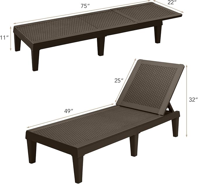 Devoko Outdoor Chaise Lounge Chair Set of 4 for Outside Pool Patio, Adjustable Waterproof Easy Assembly Chaise Lounge Outdoor (Deep Brown, Set of 4)