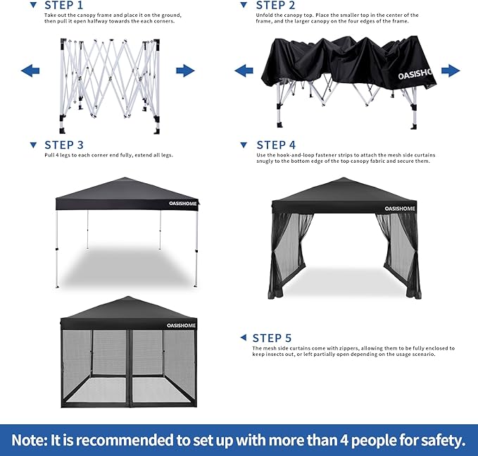 OASISHOME 10'x10' Pop-Up Gazebo Canopy Tent with Netting Sidewalls & Wheeled Bag,Weight Bag, Stakes, Ropes, Waterproof, UV Protection, Heavy-Duty Steel Frame for Backyard/Outdoor/Parties(Black)