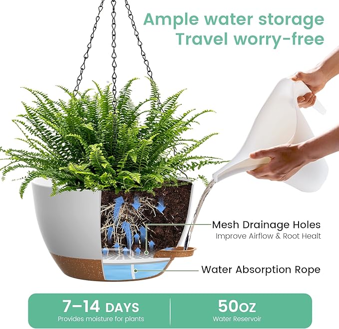 13 Inch 2 Pack Large Self Watering Hanging Planters for Indoor Outdoor Plants, Hanging Plant Pots with Removable 50 Oz Reservoir, Plastic Hanging Basket for Window Porch Garden, White with Brown